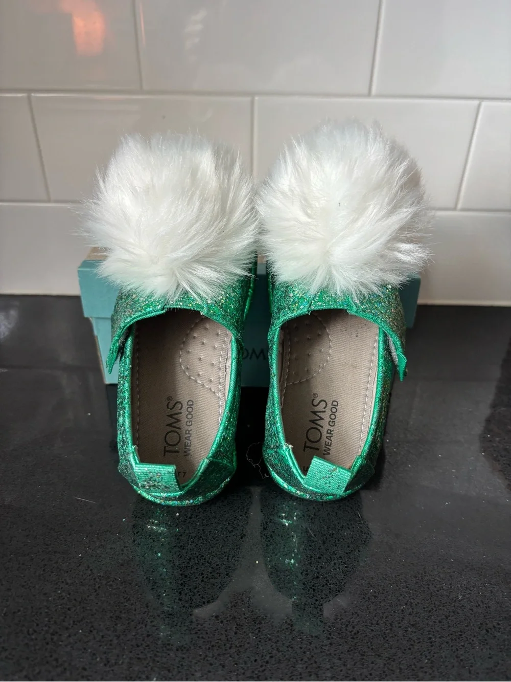 Toms Kids Green Glitter Slip-On Moccasins with White Pom